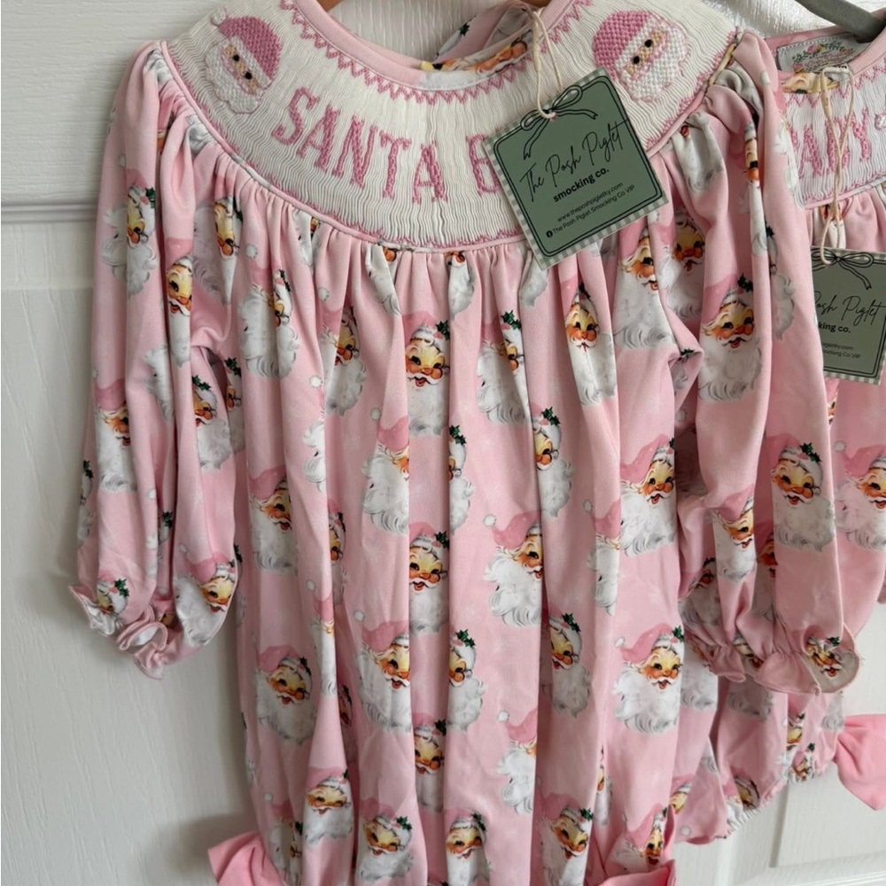 2T NWT Girls' Pink Smocked 'SANTA' Holiday bubble